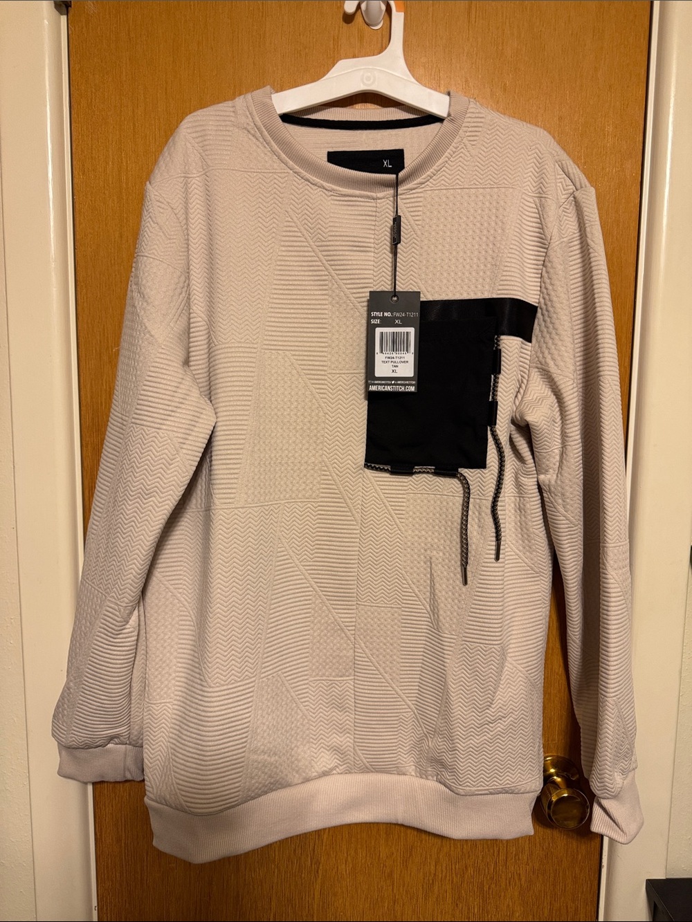 American Stitch Men’s Crewneck Sweater in Cream with Black Pocket